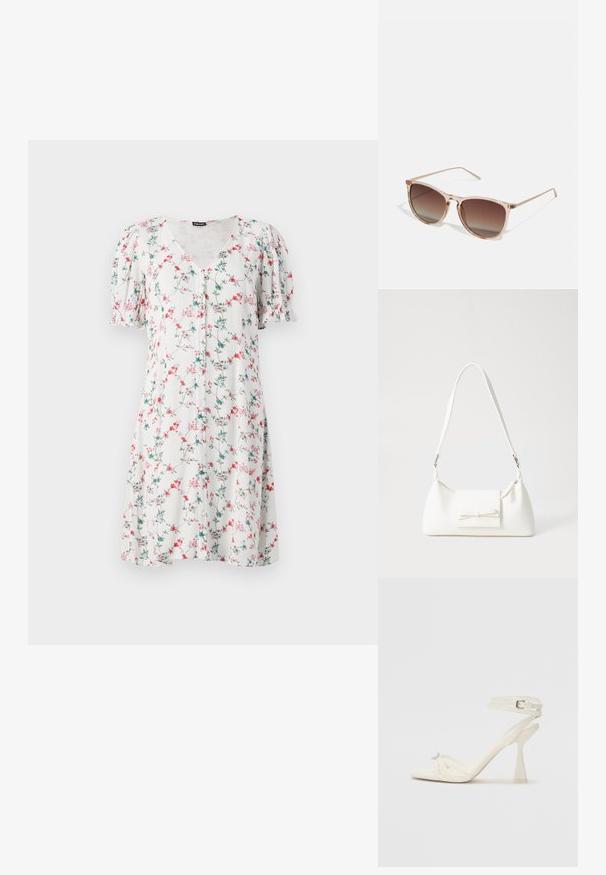 Gėlėtas trumpas rankovėmis suknelė iš lengvos medžiagos, turinti v-kaklą, mygtukų detales ir rožinių bei mėlynų gėlių raštą ant baltos fono.; Baltos odinės aukštakulnės sandalai su dirželiais, elegantiško dizaino, skaidriu blokiniu kulnu ir dekoratyviu elementu ant piršto.; Rudi gradientiniai saulės akiniai su permatomu rožiniu rėmeliu, kvadratinės formos ir plonomis metalinėmis šakėmis. Yra su apvalintais kraštais ir minimaliais dekoratyviniais elementais.; Balta sintetinė rankinė trikampio formos, plokščiu priekiu su užsegimu, kaspino detale, reguliuojama dirželiu, lygia tekstūra ir minimalistišku dizainu.