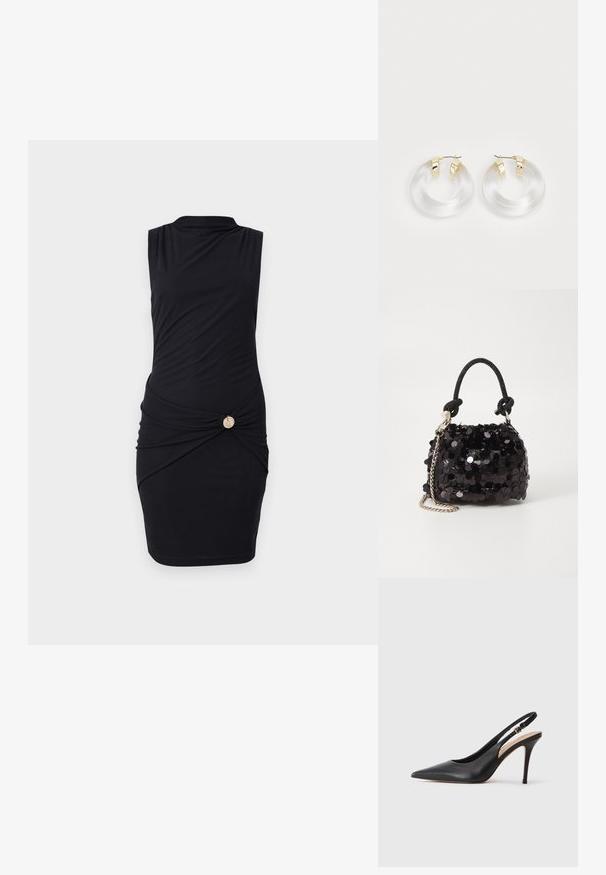 Sort udenærmet kjole med en mock neck, der har rynk ved taljen og en guldknap detalje på siden. Glat stof, tætsiddende design.; Sort læder slingback højhælet sko med spids tå, glat tekstur og en delikat rem med en metallisk spænde.; Sort pailette mini håndtaske med en knyttet struktureret rem og sølv kæde. Rund form med samlet top og reflekterende detaljer.; Gennemsigtige akryl hængeøreringe med guld-tonede metal accenter og en poleret finish. Har et glat, rundt design.