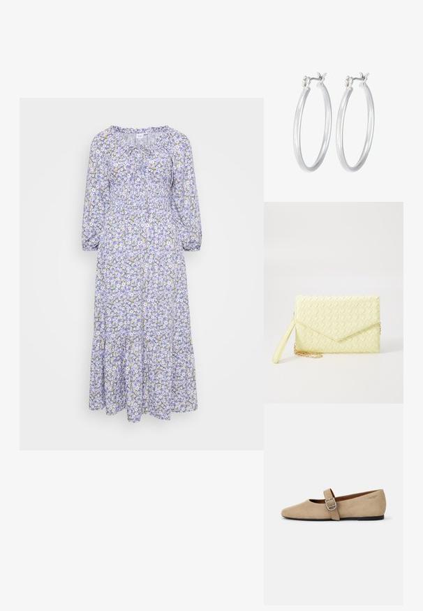 Kvetinové šaty s fialkovým podkladom, zdobené bielymi a žltými kvetmi. Dlhé rukávy, zberaná výstrih a vrstvený lem. Ľahký materiál.; Béžové semišové Mary Jane balerínky s špicatou špičkou a jedným nastaviteľným pásikom so striebornou prackou. Čierna plochá podrážka.; Žltý tkaný clutch peňaženka s preklápacím dizajnom, odnímateľným zápästným remienkom a zlatým reťazovým doplnkom. Hladký povrch a obdĺžnikový tvar.; Strieborné kruhové náušnice s hladkým, lesklým povrchom. Kolový tvar a bezpečné klikanie na uzatváranie. Ľahký dizajn vhodný na každodenné nosenie.