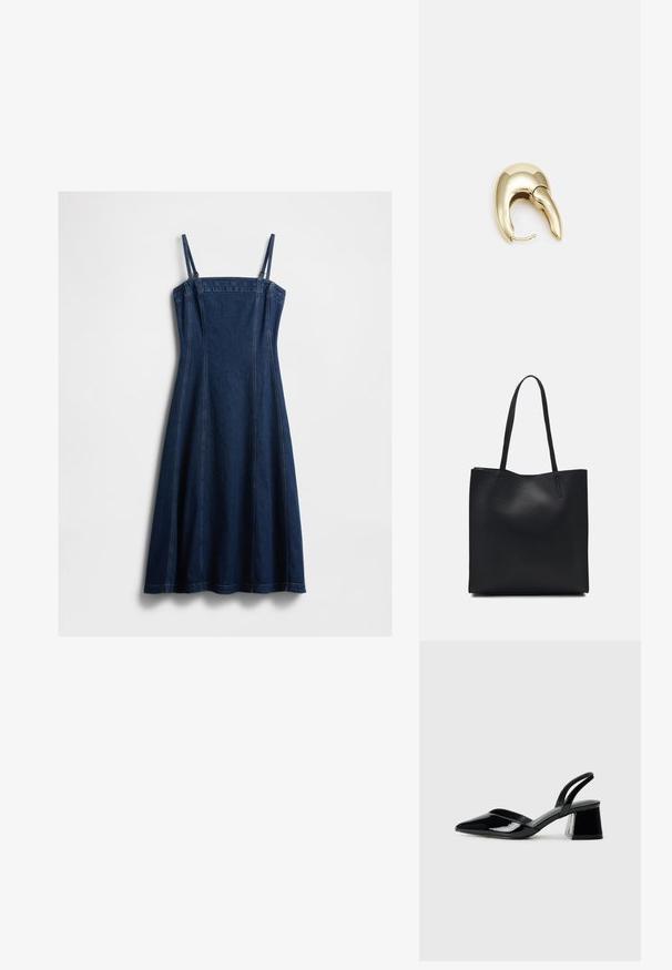 Džínové šaty s nastavitelnými tenkými ramínky, přiléhavým korzetem, siluetou ve tvaru A a kontrastním šitím v tmavě modré barvě.; Černé lakované kožené lodičky na pásku s špičatou špičkou a geometrickým blokovým podpatkem. Vyznačují se elegantním, minimalistickým designem a hladkým povrchem.; Černá kožená taška přes rameno s hladkým povrchem, obdélníkovým tvarem a dvěma dlouhými uchy. Žádné viditelné kování ani ozdoby.; Náušnice ve zlatém tónu z kovu s elegantním zakřiveným designem. Vyznačují se jedinečným špičatým tvarem, lesklým povrchem a závěsem na kloub.