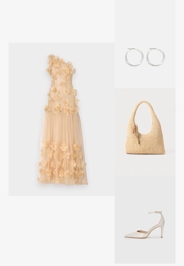 Ida Sjöstedt SERENITY GOWN - Occasion wear - beige; White leather high-heeled shoe with a pointed toe, ankle strap, and a slim stiletto heel. Smooth texture with subtle glossy finish.; Woven beige handbag with a curved handle, textured surface, and a brown tassel detail. Features a slouchy, hobo shape.; Silver hoop earrings feature a smooth, rounded design with a thin profile and secure clasp. Minimalistic style with a polished finish.
