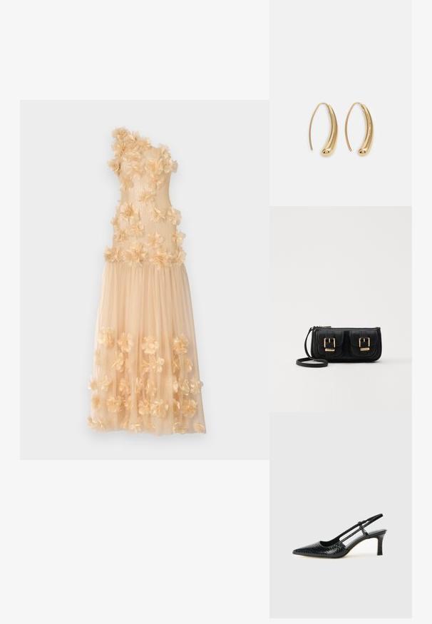 Ida Sjöstedt SERENITY GOWN - Apģērbs svinīgiem gadījumiem - beige; Melna patent āda ar slīdošo papēdi un smailo purngalu, ar teksturētu čūsku drukājumu, regulējamu siksniņu un īsu teksturētu blokpapēdi.; Melnas ādas crossbody soma ar divām priekšējām kabatām, zelta sprādzēm, ar rāvējslēdzēju aizdari un šauru siksnu. Strukturēta virsma un kompakta taisnstūra forma.; Zelta toņu metāla gredzena auskari ar izliektu, pagarinātu formu. Ar gludu, spīdīgu virsma un noapaļotu galu papildu detaļām.