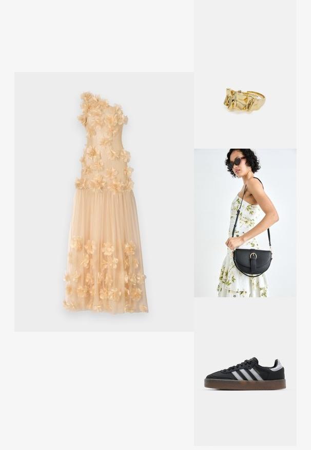 Ida Sjöstedt SERENITY GOWN - Oblečenie na špeciálnu príležitosť - beige; Čierne tenisky s elegantným vzhľadom, ktoré majú tri biele pruhy, čierny jazyk a štruktúrovanú hnedú gumovú podrážku. Doplnky zlatého písma.; Čierna kožená kabelka s zaobleným tvarom, odnímateľným popruhom a zlatými doplnkami. Kabelka má klopu s detailom s prackou.; Zlatý prsteň s textúrovaným, vlnitým dizajnom, ktorý má tri výrazné vrcholy. Hladký, lesklý povrch a otvorený pásik pre nastaviteľné prispôsobenie.