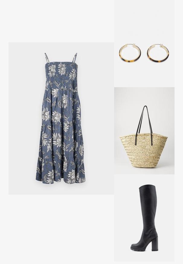 Mėlyna gėlių maksi suknelė su baltais gėlių raštais, smockas krūtinėje, plonos petnešėlės ir laisva sijonas, kuris plazda ties apatine kraštine.; Juodi iki kelių auliniai batai, lygaus odos paviršiaus, masyvi pakulnė, apvali nosis, tekstūruota padas su sukibimu, elegantiškas dizainas be papuošimų.; Audimo šiaudinis krepšys su plačia, siaurėjančia forma, turintis dvi juodas odines rankenas. Natūralios smėlio spalvos su tekstūruotu paviršiumi.; Auksinės spalvos auskarai su torto kiauto raštu pagaminta dirbtinės dervos išorine dalimi, turintys lygią apdailą ir elegantišką, apvalią formą.