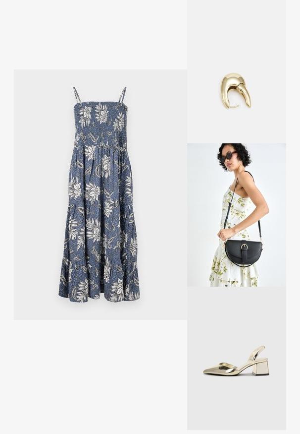 Modré květinové maxi šaty s bílými květinovými vzory, nabíraným živůtkem, tenkými ramínky a splývavou sukní, která se na lemu rozšiřuje.; Kovové zlaté pantofle na podpatku s špičatou špičkou a masivním podpatkem. Hladký povrch, minimalisticý design a úzký pásek.; Černá kožená kabelka s křivkovým tvarem, odnímatelným popruhem a zlatými detaily. Kabelka má klopu s přezkou.; Náušnice ve zlatém tónu z kovu s elegantním zakřiveným designem. Vyznačují se jedinečným špičatým tvarem, lesklým povrchem a závěsem na kloub.