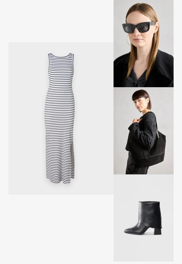 Csíkos maxi ruha fehér és fekete színben, ujjatlan dizájn, testhezálló forma, oldalsó részekkel a mozgásért, rugalmas anyagból készült.; Fekete bőr bokacsizma, hegyes orral, sima felülettel és strukturált blokk sarokkal. Magas, hajtott szegéllyel rendelkezik.; Fekete macskaszem napszemüveg sötét lencsékkel, vastag kerettel és diszkrét díszítésekkel. Fekete kabátot és szürke felsőt visel, hosszú egyenes hajjal.; Fekete, velúr anyagú tote táska sima felülettel, strukturált formával és kontrasztos varrással. Hosszú pántjai lehetővé teszik a vállon való hordást.