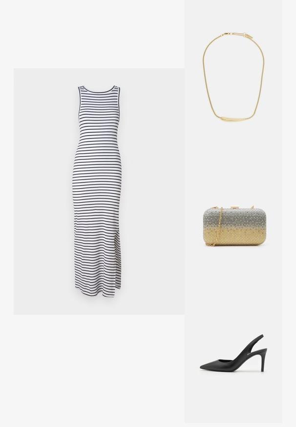 Prugasta maksi haljina u bijeloj i crnoj boji, bez rukava, kroj prilagođen tijelu, s bočnim prorezima za lakše kretanje, izrađena od rastezljivog materijala.; Crne kožne slingback visoke pete s dizajnom u obliku špice, s izrezom sprijeda i tankom stiletto petom.; Mascara Ručna torbica - gold-coloured/silver-coloured; Ogrlica s pozlatom s glatkim, zakrivljenim središnjim naglaskom. Ima fleksibilnu kariku sa kopčom na mačju i dodatne podesive karike.