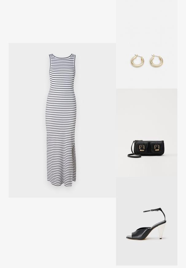 Rochie maxi cu dungi în alb și negru, design fără mâneci, formă ajustată, cu slituri laterale pentru libertatea de mișcare, realizată dintr-un material elastic.; Sandal cu toc înalt din piele neagră, cu vârf deschis, design asimetric, curea pentru gleznă și toc metalic în formă de con. Textură netedă pe toată suprafața.; Geantă neagră din piele, tip crossbody, cu două buzunare frontale, catarame aurii, închidere cu fermoar și o curea subțire. Suprafață texturată și formă rectangulară compactă.; Lauren Ralph Lauren BASIC SMALL HOOP - Cercei - gold-coloured