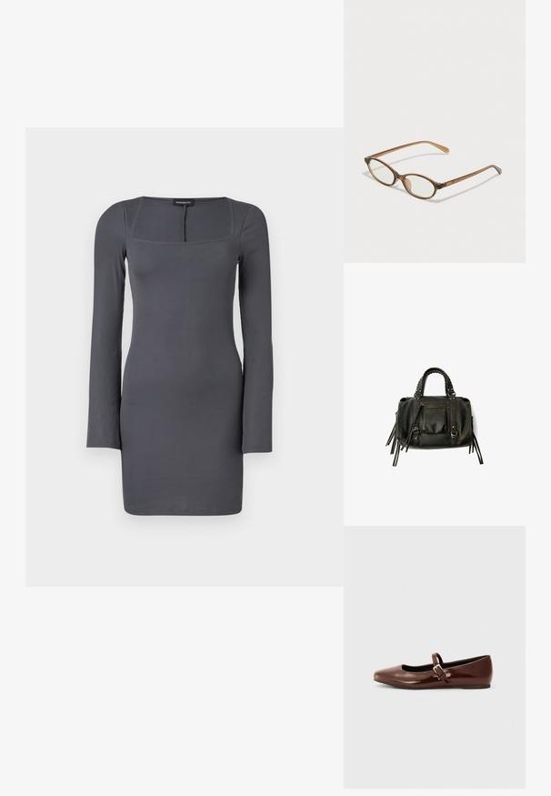 Graues, geripptes Langarmkleid mit karreeförmigem Ausschnitt, taillierter Silhouette und weicher Textur. Verfügt über minimale Nähte und einen Rückenverschluss.; Braune Lackleder-Ballerinas mit quadratischer Zehenform und Riemen mit einer kleinen goldenen Schnalle. Glatte Textur, niedriger Absatz und minimalistisches Design.; Braune Schildpatt-Brille mit ovalen Gläsern, dünnen Bügeln und transparenten Akzenten. Verfügt über ein dezentes Logo am Bügel. Elegantes, leichtes Design.; Schwarze Lederhandtasche mit geflochtenen Griffen, Reißverschlussfach und hängenden Quasten. Strukturiert Oberfläche mit Metallnieten und Hardware-Akzenten.