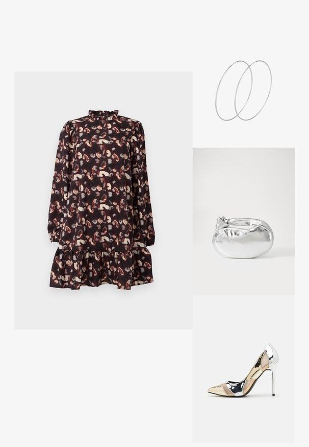 Must mustriga, millel on kõrge volangiga kaelus, pikad varrukad ja kihiline hem. Omab mängulist trükitud mustrit beeži ja rooste värvi kujunditega tumedal taustal.; Kitsas toe kõrge kontsaga kingad, millel on hõbedane, kuldne ja nude värvilahendus. Läikiv viimistlus lõikekujundusega, stiletto konts.; Hõbedane metallikoti kott pehme, ümar kuju ja sõlme ülemise sulgemisega. Valmistatud siledast kunstnahast materjalist.; Hõbedased rõngastikkaehingad minimalistlikus disainis. Ümar kuju, sile tekstuur ja õhuke profiil. Kerged ning poleeritud viimistlusega.