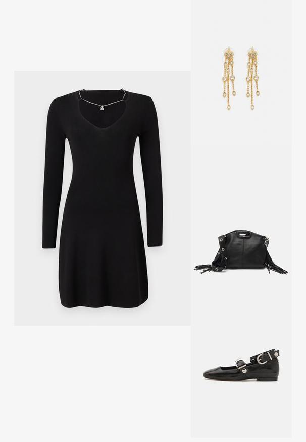 Must have pikkade varrukatega must kleit ribatud materjalist, millel on sügav V-kaelus ja kergelt laienev alläär. Kleeit sisaldab hõbedast kaelakeedetaili.; Must musta nahkkinga lamead kontsad, ruudukujulise varbaga, pahkluu rihmaga, mis sisaldab hõbedast taakleid, ning lame tald. Siledat pinda ja minimalistlikku disaini.; Maje MISS MINI - Ülerinna-kott - noir; Kuldne tooni kõrvarõngad mitme voolava ahelaga, millel on selged ovaalsed rhinestone aktsendid ja dekoratiivsed stud-tippud.