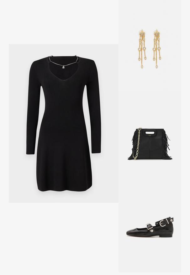 Juoda ilga rankovė suknelė, pagaminta iš raukšlėtu audiniu, turinti gilią V formos iškirptę ir šiek tiek skeltą hemą. Prisideda sidabrinė kaklo grandinėlė.; Juodas lakinės odos plokščias batelis su kvadratiniu pirštu, kulkšnies dirželiu su sidabro detalėmis ir plokščiu padu. Sklandus paviršius su minimalistišku dizainu.; Juodas odinis rankų darbo rankinys su frinzuotomis detalėmis, auksine grandinės petneša ir išpjauto dizaino rankena. Pirmoje pusėje yra logotipo vieta.; Aukso spalvos auskarai su keliais kaskadiniais grandinėlėmis, su skaidriais ovaliais kristalų akcentais ir dekoratyviniais auskarų priekiais.