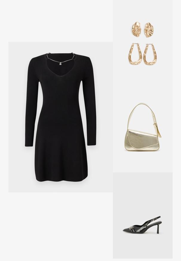 Crna haljina dugih rukava od rebrastog materijala, s dubokim V-izrezom i malo širenjem na rubu. Uključuje detalj srebrnog ogrlice.; Crna lakirana slingback cipela s izduženim vrhom, remenčićima oko gležnja s srebrnim kopčama i dijelovima, te vitkim potplatom.; Zlatna metalna torba s uređenim dizajnom, glatkom teksturom i podesivim remenom. Ima jedinstven trokutasti oblik i minimalističko šivanje.; Naušnice zlatne boje s teksturiranim, valovitim oblicima. Uključuju skulpturalne kopče i dizajn otvorene kružnice s kovanom završnom obradom.