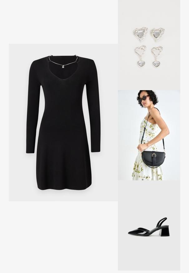 Vestido preto de manga longa feito de tecido canelado, com um decote em V profundo e uma barra ligeiramente godê. Inclui um detalhe de colar prateado.; Sandy em verniz preto com salto slingback, ponta afilada e salto geométrico. Apresenta um design elegante e minimalista com textura suave.; Bolsa de couro preta com forma curva, alça destacável e detalhes em dourado. A bolsa possui uma aba com detalhe de fivela.; Os brincos em forma de coração prateados apresentam pedras claras facetadas, com uma moldura texturizada. O conjunto inclui estilos de botão e de gota.