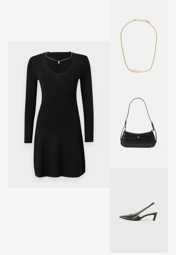 Juoda ilga rankovė suknelė, pagaminta iš raukšlėtu audiniu, turinti gilią V formos iškirptę ir šiek tiek skeltą hemą. Prisideda sidabrinė kaklo grandinėlė.; Juodas smailus slingback batelis su žemu kulnu, pagamintas iš lygaus odos paviršiaus ir su išpjovomis šone, užtikrinančiomis oro pralaidumą.; Juodas odinis rankinis krepšys su krokodilo tekstūra, siauras siluetas ir auksinės detalės. Yra viena petneša ir įspaustos logotipo detalės.; Auksu padengta apyrankė su lygiu, įgaubtu centriniu akcentu. Pasižymi lankstoma grandinėle su vėžlio užsegimu ir papildomais reguliuojamais grandinėlių ryšiais.