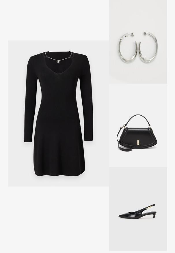 Abito nero a maniche lunghe in tessuto a costine, con scollatura a V profonda e orlo leggermente svasato. Include un dettaglio con collana argentata.; Tacchi slingback in pelle nera con punta affusolata, caratterizzati da un tacco alto e un accento dorato sulla cinghia regolabile. Texture liscia.; Borsa a mano in pelle nera con un design strutturato, caratterizzata da una forma corta, manico superiore e accessori in metallo dorato. Inclusa tracolla regolabile.; Orecchini a cerchio argentati con un design liscio e curvo. Presentano una finitura metallica lucida e una chiusura a perno. Nessun motivo o accentuazione visibile.