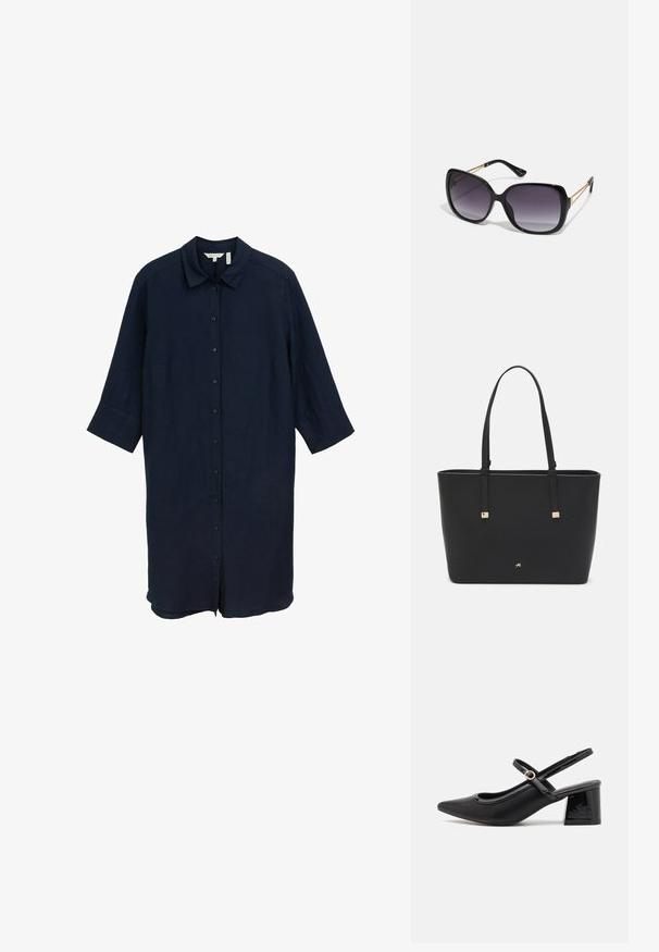 Abito in lino blu navy con colletto a camicia, chiusura frontale con bottoni e maniche a tre quarti, caratterizzato da una vestibilità rilassata e orlo dritto.; Décolleté in vernice nera con cinturino dietro, punta affusolata, design con ritagli arrotondati e tacco a blocco. Presenta un accento di fibbia tono oro.; Occhiali da sole neri oversize con lenti sfumate, montatura spessa e dettagli in catena dorata sulle astine.; Borsa a tracolla nera in materiale sintetico, con un design rettangolare semplice, dettagli quadri dorati e doppi manici.