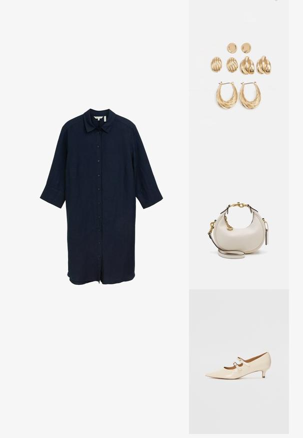 Navyblaues Leinenhemdkleid mit Kragen, durchgehender Knopfleiste und drei Viertelärmeln. Es hat einen lockeren Schnitt und einen geraden Saum.; Beige Lackleder-Mary-Jane-Schuhe mit zwei verstellbaren Schnallen, spitzem Schuhkopf und niedrigem Absatz. Glatte Textur mit glänzendem Finish.; Cremfarbene Lederhandtasche in Mondform, mit goldenen Akzenten, schwarzen Details und einem abnehmbaren Gurt. Sie verfügt über eine Kettendetail und einen Anhänger.; Goldfarbene Ohrringe, bestehend aus drei Paaren: strukturierte ovale Stecker, ohrringe mit gewelltem Design und große Creolen mit geschichteten Rillen.