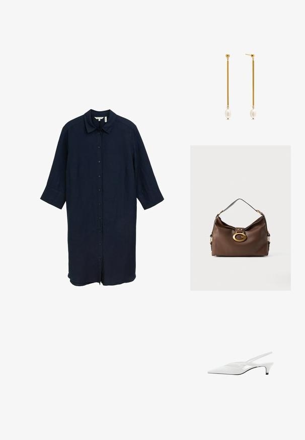 Navyblaues Leinenhemdkleid mit Kragen, durchgehender Knopfleiste und drei Viertelärmeln. Es hat einen lockeren Schnitt und einen geraden Saum.; Weißer Slingback-Absatzschuh mit spitzer Zehenpartie, featuring ein glattes Obermaterial, subtile Ausschnitte und einen niedrigen Blockabsatz. Die schwarze Sohle betont das Design.; Braune Handtasche aus Leder mit strukturiertem Finish, ausgestattet mit einem goldfarbigen Verschluss und einem einzigen, geschwungenen Schulterriemen.; Ohrringe in Goldfarbe mit langen Stäben und runden Perlen an den Enden. Die Stäbe sind glatt, und die Perlen haben eine glänzende Oberfläche.