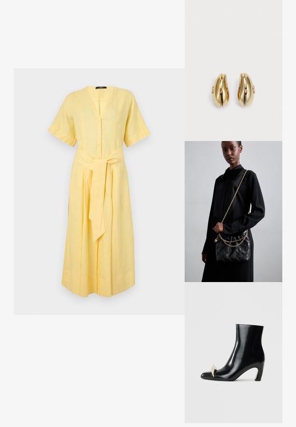 Gelbes Leinenkleid mit kurzen Ärmeln, V-Ausschnitt, Knopfleiste und einem selbstgebundenen Gürtel in der Taille; zeichnet sich durch ein fließendes A-Linien-Design aus.; Schwarzer Knöchelschuh aus glänzendem Leder, mit einer spitzen Zehenform und einem dekorativen gold- und silberfarbenen Akzent an der Vorderseite. Blockabsatz-Design.; Schwarze gesteppte Ledertasche mit einem gerafften oberen Teil, goldfarbener Kettenriemen und rechteckiger Form, vor einem schlichten Hintergrund gehalten.; Goldfarbene Ohrringe mit fließendem, geschwungenem Design. Jeder Ohrring hat eine glatte Oberfläche und einen kleinen Verschluss mit einem dekorativen Detail.