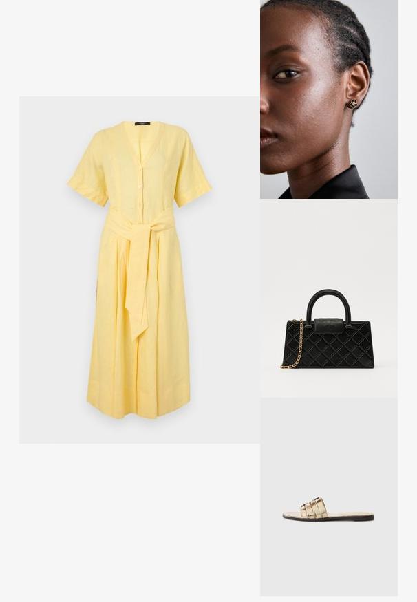 Kollane linane kleit lühikeste varrukatega, V-kaelusega, nööpide sulgemisega ja ise siduva vööga taljes; omab voolavat A-line stiili.; Kuldne liug sandaal kolme horisontaalse rihmaga. Lame tald ja sile materjal, avatud varba disainiga.; Musthave mustrip, mis tekstureeritud nahast, millel on tehe kumerusmuster, kuldse tooniga ahelrihm ja ülemine käepide, millel on logo reljeefne klapp.; Kuldne lillemotiiviga stud-kõrvarõngas, millel on tekstureeritud must keskus ja delikaatne detailide töö. Mudeli puhas nahk ja sasis juuksed on näha külgmises vaates.