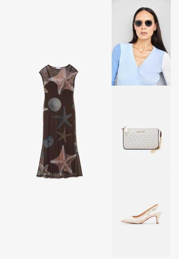 Rjava maksi obleka, ki ima prosojno tkanino s potiski morskih zvezd in morskih ježkov v svetlo modri in koralni barvi, okroglo izrezano ovratnik in kratke rokave.; Bela slingback peta z ostrim nosom, gladka zgornja prevleka, nizka blok peta in zasnova z stranskimi izrezi ter nastavljivim trakom z zaponko.; Okrogle sončna očala s temnimi lečami in zlatimi okvirji. Model nosi svetlo modro, rebrasto jakno s gumbi in belimi rokavi v kontrastni barvi.; Michael Kors denarnica v bež lakiranem platnu z mišičnim vzorcem ponavljajočega se logotipa MK, z zlatim okovjem in snemljivo verižico.