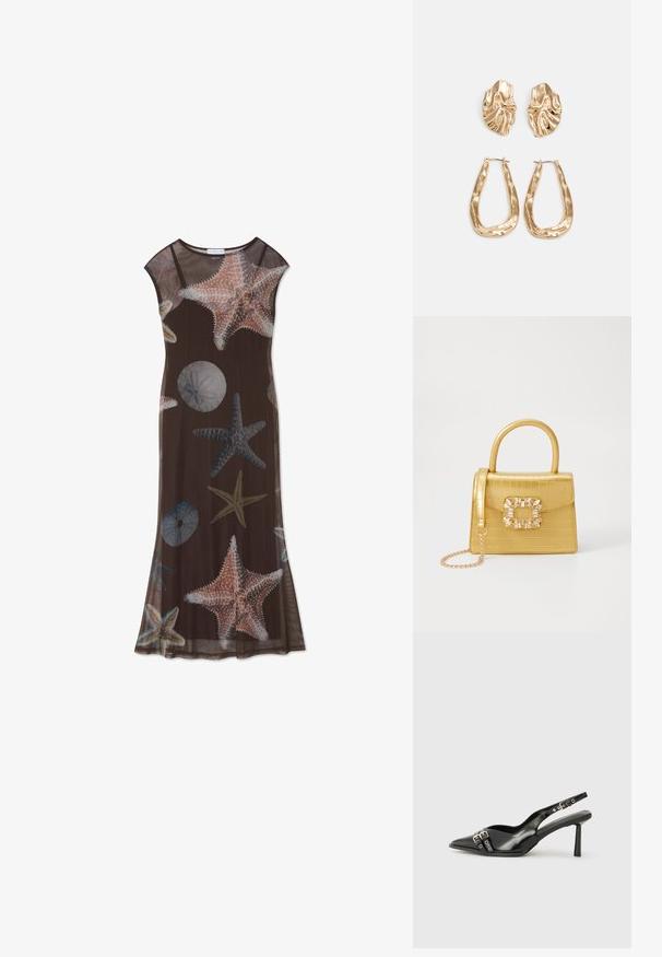 Brun maxikjole lavet af et gennemsigtigt stof med mønstre af søstjerner og søpindsvin i lyseblå og koral, rund halsudskæring og korte ærmer.; Sorte patenterede læderslagback sko med spids tå, ankleremme med sølvspænder og hardware samt en slank hæl.; Gul faux-krokodille skuldertaske med struktureret design, top-håndtag, aftagelig kædetraske og dekorativ krystaldekoration på låsen.; Guldtonede øreringe med teksturerede, bølgede former. Inkluderer skulpturelle clips og en åben ringdesign med en hamret finish.