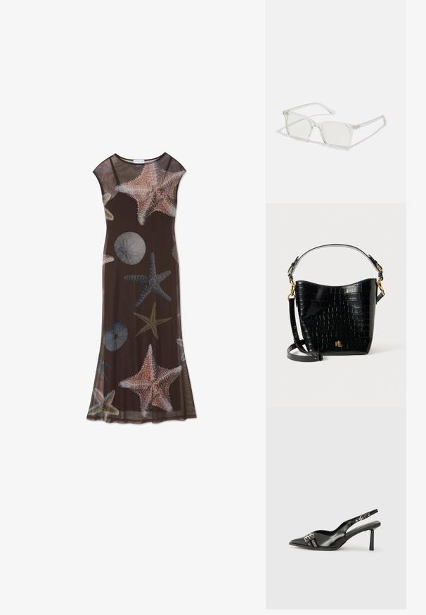 Hnedé maxi šaty s priehľadnou látkou a vzormi morských hviezd a morských ježkov v svetlomodrej a koralovej farbe, okrúhlym výstrihom a krátkymi rukávmi.; Čierne lakované kožené slingback topánky s špicatou špičkou, remienkami okolo členku s striebornými prackami a hardvérom, a štíhlým podpätkom.; Priehľadné plastové okuliare s námestovými rámami a priehľadnými šošovkami, s kultivovanými zlatými akcentmi na spánkoch pre zvýraznenie detailov.; Čierna kabelka z kože s embosovaným hadím vzorom, zakriveného tvaru, so zlatými kovovými doplnkami, nastaviteľným popruhom a detailom loga na prednej strane.