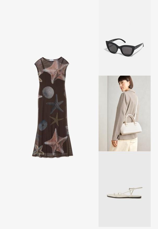 Barna maxi ruha áttetsző anyagból, világoskék és korall színű tengeri csillag és tengeri sün mintákkal, kerek nyakkivágással és ujjatlan fazonnal.; Beige lapos szandál, amelyet több vékony pánt díszít, és állítható csattal rendelkezik. A talpa lapos, az élein enyhe sötét kontraszttal.; Fekete macskaszem napszemüveg matt felülettel, szürke árnyalatú lencsékkel, éles vonalakkal és karcsú oldalsó karokkal. A márkaneve látható a belső karon.; Fehér, strukturált kézitáska rövid füllel és vállpánttal, arany színű fém kiegészítőkkel és texturált anyagból, szürke háttér előtt bemutatva.