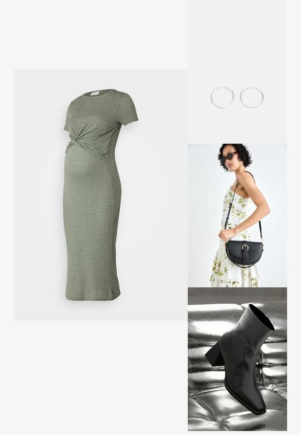 Ribotas nėštumo suknelė alyvuogių žalia su sukama priekiu, trumpomis rankovėmis, prigludusia siluetu ir midi ilgiu.; Juodos kulkšnies botai, pagaminti iš blizgaus medžiagos, su kvadratine padu ir siauru kulnu, prieš blizgiai sidabrinį pūsto audinio foną.; Juodas odinis krepšys su išlenkta forma, nuimamu dirželiu ir auksiniais detalėmis. Krepšys turi kilpą su sagtimi.; Sidabrinės auskarai žiedai su sėslia, apvalia forma, pasižymintys lygia paviršiumi ir be matomų puošmenų. Svoris nenurodytas.