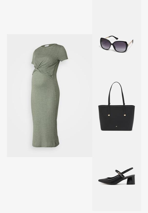 Rochie de maternitate din tricot ribat în verde măslin, cu detaliu în față răsucit, mâneci scurte, siluetă ajustată și lungime midi.; Cizme cu toc slingback din piele sintetică lacuită neagră, cu vârful ascuțit, un design cu decupaj rotunjit și toc bloc. Include un accent cu cataramă de culoare aurie.; Ochelari de soare negri, supradimensionați, cu lentile degradate, rame groase și detalii cu lanț de ton auriu pe brațele templului.; Pungă tote neagră, fabricată din material sintetic, având un design simplu rectangular, accente aurii pătrate și mânere duble.