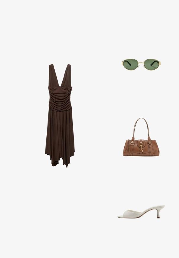 Brązowa sukienka bez rękawów z marszczonym bodicem, głębokim dekoltem w kształcie V i asymetrycznym dołem. Wykonana z gładkiego, lejącego materiału.; Białe, otwarte na palcach mule na wysokim obcasie o gładkim wykończeniu, minimalistycznym designie i smukłym obcasie, z subtelnym brązowym akcentem na podeszwie.; Złote okulary przeciwsłoneczne w metalowej oprawie z zielonymi soczewkami, o owalnym kształcie, czarnymi zausznikami i przezroczystymi noskami. Czysty, minimalistyczny design.; Brązowa skórzana torebka z podwójnymi uchwytami, złotymi detalami i strukturalnym designem. Posiada centralną klapę z ozdobnym detalem w postaci pętli.