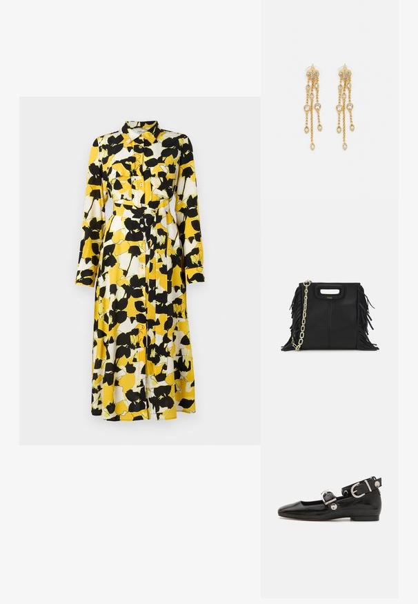 Kratka obleka z dolgimi rokavi v rumeni, beli in črni cvetlični vzorec. Ima zapiranje na gumb, ovratnik, dvojne prsne žepke in pas okoli pasu.; Črne lakaste balerinke s kvadratnim prstom, trakovi okrog gležnja z zlatimi dodatki in ravnim podplatom. Gladka tekstura z minimalističnim dizajnom.; Črna usnjena ročna torba z detajli fringa, zlatim verigo za rame in izrezanim ročajem. Na sprednji strani je nameščen logotip.; Zlato-tonirane uhane z več kaskadnimi verigami, ki vključujejo prozorne ovalne kamenčke in okrasne zgornje dele.