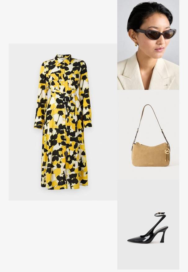 Pitkähihainen mekko, jossa on keltainen, valkoinen ja musta kukkakuvio. Ominaisuuksiin kuuluvat nappikiinnitys, kaulus, kaksinkertaiset rintataskut ja vyö vyötäröllä.; Musta patenttinen nahka slingback-korkokengät, joissa on teräväkärkinen muoto, säädettävä nilkkastrappi ja kohtuullinen lohkokorko. Sujuva pinta kiiltävällä viimeistelyllä.; Ruske katseilorrimät, joissa on tummat linssit, paksut kehykset ja sileä pinta, yhdistettynä beigelle bleiserille ja kultaisille rengaskorville.; Vaalea sävyinen mokkanahkainen olkalaukku, jossa on taivutettu muoto, kultaiset metalliosat ja vetoketjukiinnitys. Laukussa on kiinnitetty charm, jossa on alkukirjaimet "MK."