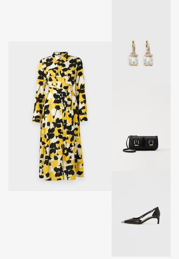 Langärmliges Kleid im gelben, weißen und schwarzen Blumenmuster. Verfügt über eine Knopfleiste, einen Kragen, zwei Brusttaschen und einen Gürtel in der Taille.; Schwarzer Lederschuh mit Katzenabsatz, spitzer silberner Zehenkappe und doppelten Schnallenriemen vor weißem Hintergrund.; Schwarze Leder-Umhängetasche mit zwei vorderen Taschen, goldenen Schnallen, Reißverschluss und einem schmalen Tragegurt. Texturierte Oberfläche und kompakte rechteckige Form.; Ohrringe in Goldfarbe mit einem rechteckigen, durchsichtigen Kristall, der unter einer Reihe kleiner, runder klarer Akzente hängt. Elegantes, modernes Design.