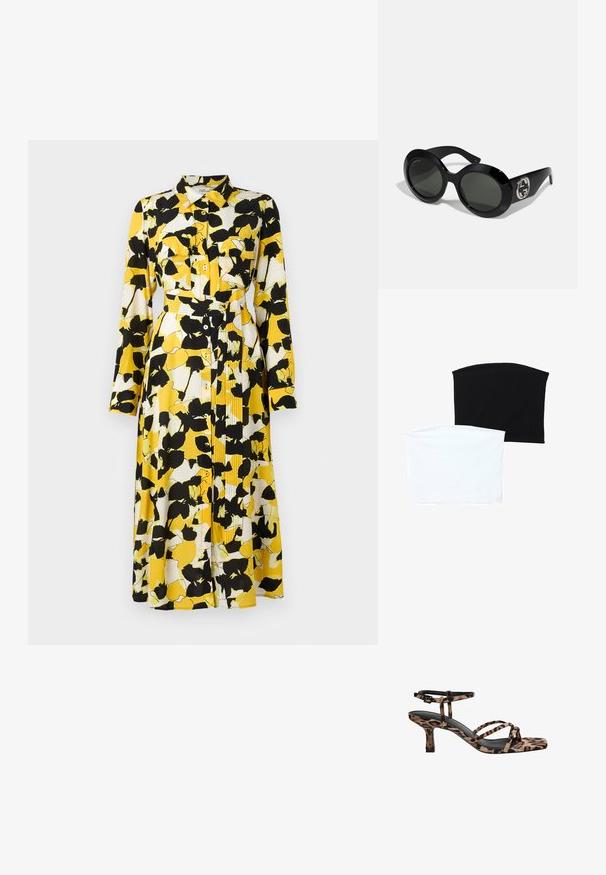 Sukienka z długim rękawem w żółto-białą i czarną kwiatową wzór. Posiada zapięcie na guziki z przodu, kołnierz, podwójne kieszenie na piersi oraz pasek w talii.; Dwa bezszwowe szaliki w tubie: jeden czarny, a drugi biały. Oba wykonane są z miękkiego, elastycznego materiału i mają gładką fakturę bez wzorów.; Sandały na obcasie w panterkę, ze kwadratowym noskiem, wieloma paskami i średnim obcasem. Wykonane z miękkiego materiału tekstylnego.; Czarne, oversize okulary przeciwsłoneczne o gładkim, błyszczącym wykończeniu, z zielonymi soczewkami i srebrnym, splatającym się logo po boku.