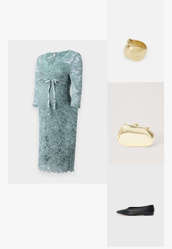 Krajková těhotenská šaty v jemné mátové zelené. Disponují výstřihem do V, rukávy tříčtvrtinové délky, zavazovacím saténovým páskem a květinovým krajkovým vzorem se zvlněným lemem.; Černé kožené baleríny, špičatá špička, minimalistický design, hladký povrch, nízký podpatek, žádné viditelné kovové prvky nebo ozdoby.; Metalická zlatá kabelka s hladkým, zaobleným tvarem, opatřená horním zapínáním na knoflík a malým řetízkovým popruhem pro nošení.; Zlatý prsten s hladkým, zkrouceným designem. Vyznačuje se lesklým povrchem a zaoblenými hranami, což vytváří bezproblémový, plynulý tvar.