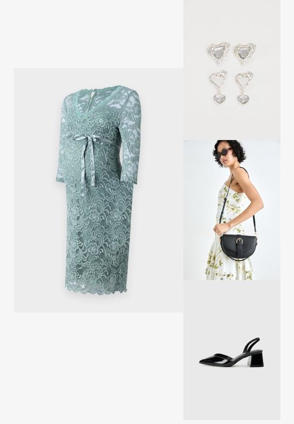 Haljina za trudnice od čipke u mekoj mint zelenoj boji. Ima V-izrez, rukave do tri četvrtine, satenski pojas koji se veže i cvjetni čipkasti uzorak sa valovitim rubom.; Crne lakirane kožne sandale s otvorenom petom i špicastim vrhom, s geometrijskom blok petom. Imaju elegantan, minimalistički dizajn i glatku teksturu.; Crna kožna torba s lukovitim oblikom, odvojivim remenom i zlatnim detaljima. Torba ima preklop s kopčom.; Srebrne naušnice u obliku srca imaju fasetirane prozirne kamenčiće, s teksturiranim okvirom. Set uključuje naušnice na dugme i viseće stilove.