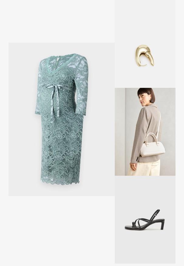 Čipkované tehotenské šaty v jemnej mentolovej farbe. Majú výstrih do V, trojštvrťové rukávy, zaviazaný saténový opasok a kvetinový čipkový vzor so zúbkovaným lemom.; Čierne sandále na vysokom podpätku so štvorcovou špičkou a nízkym blokovým podpätkom. Obsahujú viacero tenkých popruhov a nastaviteľný členkový popruh. Vyrobené z hladkej kože.; Biela štruktúrovaná kabelka s krátkymi rúčkami a ramenným popruhom, s zlatými kovovými prvkami a textúrovaným materiálom, vystavená na šedom pozadí.; Náušnice z kovu v zlatej farbe s elegantným, zakriveným dizajnom. Majú charakteristický špicatý tvar, leštený povrch a uzáver na pánt.