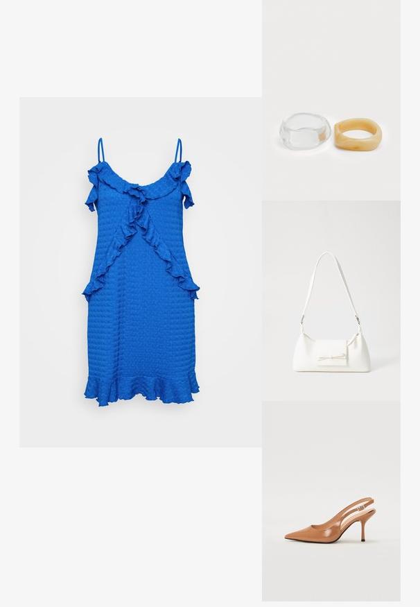 Blå ermeløs kjole med teksturert stoff, volangkrage og -kant, samt en utsvingt fasong. Ingen synlige lukkinger eller mønstre.; Spiss tå slingback hæl i et glat, glinsende brunt materiale. Har et buet utskårent design og en slank stilett hæl. Sølvspenne detalj.; Hvit syntetisk håndveske med trekantet form, flat klaff foran og sløyfe detaljer, justerbar stropp, glatt tekstur og minimalistisk design.; Klare og ravfargede harer, den ene glatt og gjennomsiktig, den andre med en teksturert, ravfarget finish. Begge har avrundede, kraftige design.