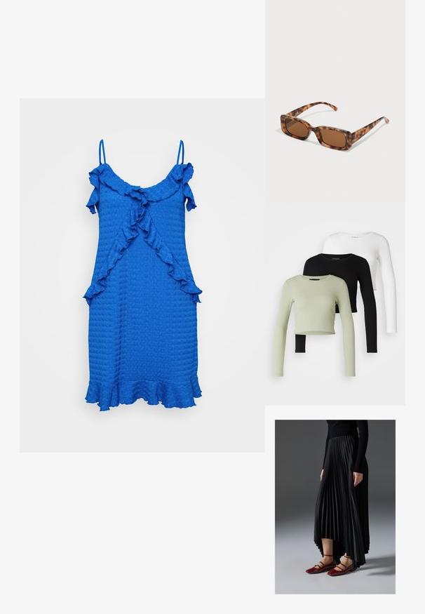 Kék ujj nélküli ruha, amely strukturált anyagból készült, fodros dekoltázsú és aljú, valamint bővülő fazonú. Nincsenek látható záródások vagy minták.; Even&Odd Petite 3 PACK - Hosszú ujjú felső - black/white/light green; Fekete redős szoknya, magas- és alacsony szegéllyel, fényes piros lapos cipőkkel párosítva, amelyek pántos dizájnnal rendelkeznek. Az anyaga sima tapintású.; Tarka mintás napszemüveg, téglalap alakú barna lencsékkel, vastag kerettel és vékony, különböző árnyalatú barna mintázattal ellátott szárakkal.