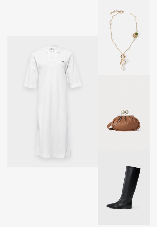 Fehér, térd fölé érő pamut pólódressz, gallérral, rövid ujjakkal és egy kis hímzett mintával a bal mellen.; Fekete bőr, térdig érő csizma hegyes orral és minimalista dizájnnal. Simább textúra és lapos talp, diszkrét oldalsó varrási részletekkel.; Barna bőrből készült clutch táska ezüst gömb záróval és kis ezüst lánc díszítéssel, fehér háttéren.; Arany színű nyaklánc csavart láncszemekkel, fehér gyöngyökkel és zöld kő díszítéssel. Bonyolult részletekkel rendelkezik, és zárómechanizmussal van ellátva.