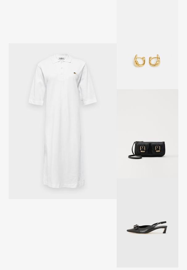 Fehér, térd fölé érő pamut pólódressz, gallérral, rövid ujjakkal és egy kis hímzett mintával a bal mellen.; Fekete bőr szandál kis sarkú, hegyes orral, díszes csattal a felsőrészen. Simább textúra, minimalista design.; Fekete bőr keresztbody táska két elülső zsebbel, arany csattokkal, cipzáras záródással és vékony pánttal. Textúrált felület és kompakt téglalap alak.; Arany karika fülbevalók sima, lekerekített kialakítással, fényes felülettel. A fülbevalók kompakt, tömzsi formájúak, és zökkenőmentes kapoccsal rendelkeznek.