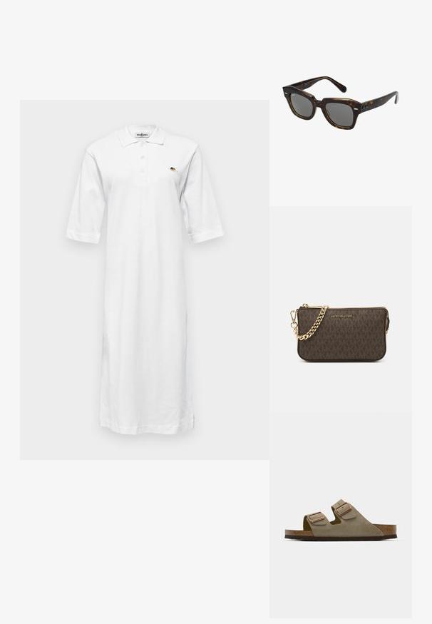 Valge, põlvikute pikkusega polo kleit, mis on valmistatud puuvillast, kaelusega, lühikeste varrukatega ja väikese tikandiga vasakul rinnal.; Heledad taupe suedsandaal, millel on kaks reguleeritavat rihma ja roosast kullast detailid. Korkpadi tekstureeritud pruunil tallal. Avatud varvaga disain.; Ristkülikukujulised päikeseprillid, millel on kilpkonnamustriga plastraam, tumedad objektiivid ja hõbedased detailid külgedel. Valmistatud Itaalias.; Pruun naha rihmats, millel on logo muster, kuldne kett-riiul, tõmblukk ja kuldsetest detailidest aksessuaarid. Kompaktne ja ristkülikukujuline kuju.