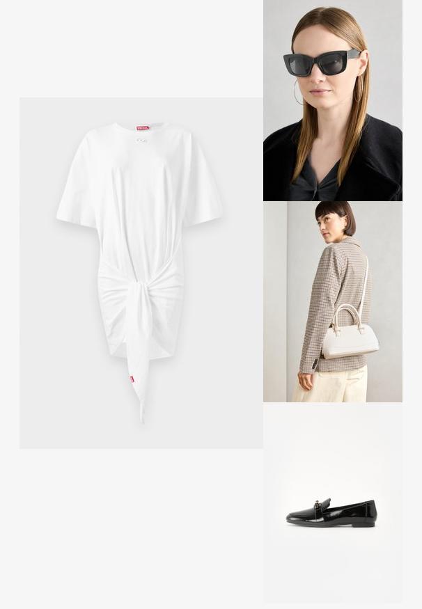 Biele tričko šaty s krátkymi rukávmi, uzlovým detailom na prednej strane, z mäkkej bavlnenej látky a malou značkovou etikettou Diesel na výstrihu.; Čierne lakované kožené mokasíny s rovnou podrážkou, zaoblenou špičkou a ozdobným pásikom s akcentom v zlatej farbe. Hladký, lesklý povrch.; Čierne mačacie slnečné okuliare s tmavými sklami, hrubými obručami a jemnými detailami. Nosí sa s čiernym kabátom a sivým topom, pričom má dlhé rovné vlasy.; Biela štruktúrovaná kabelka s krátkymi rúčkami a ramenným popruhom, s zlatými kovovými prvkami a textúrovaným materiálom, vystavená na šedom pozadí.