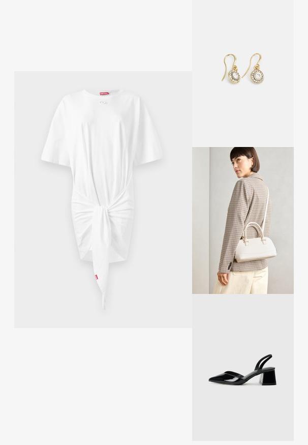 Weißes T-Shirt-Kleid mit kurzen Ärmeln, geknotetem Vorderdetail, weichem Baumwollstoff und einem kleinen Diesel-Logo-Tag am Ausschnitt.; Schwarze Lackleder-Slingback-High Heels mit spitzem Schuh und einem geometrischen Blockabsatz. Verfügt über ein schlankes, minimalistisches Design und eine glatte Textur.; Weiße strukturierte Handtasche mit kurzen Griffen und einem Schultergurt, ausgestattet mit goldfarbenen Hardware-Elementen und strukturiertem Material, vor einem grauen Hintergrund präsentiert.; Goldfarbene Ohrringe mit ovalen klaren Kristallen, die von kleineren klaren Steinen umgeben sind, und einem Haken-Design für sicheren Halt.