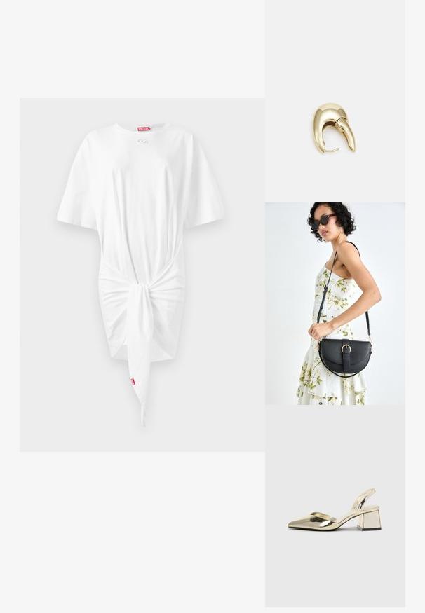 Vit T-shirt klänning med korta ärmar, knutdetalj framtill, mjukt bomullstyg och en liten Diesel-logotags vid halsringningen.; Guld, metalliska slingback-klackar med spetsig tå och chunky klack. Slät textur, minimalistisk design och en smal rem.; Svart läderhandväska med en böjd form, avtagbar rem och guldiga detaljer. Väskan har ett lock med en spänndetalj.; Örhänge i guldtonad metall med en elegant, böjd design. Har en distinkt spetsig form, polerad yta och gångjärnslås.