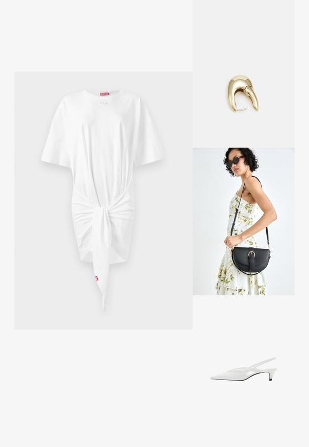 Vit T-shirt klänning med korta ärmar, knutdetalj framtill, mjukt bomullstyg och en liten Diesel-logotags vid halsringningen.; Vit slingback-häl med spetsig tå, med en slät ovandel, subtila utskärningar och en låg blockklack. Svart sula framhäver designen.; Svart läderhandväska med en böjd form, avtagbar rem och guldiga detaljer. Väskan har ett lock med en spänndetalj.; Örhänge i guldtonad metall med en elegant, böjd design. Har en distinkt spetsig form, polerad yta och gångjärnslås.