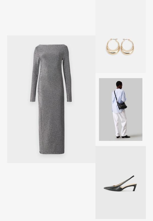 Ilga rankovė, prigludusi vakarinė suknelė iš metalizuoto pilko audinio, su valtine iškirpte ir šoniniu raiščiu. Lygus, blizgus paviršius.; Juodas smailus slingback batelis su žemu kulnu, pagamintas iš lygaus odos paviršiaus ir su išpjovomis šone, užtikrinančiomis oro pralaidumą.; Juodas odinis petinis krepšys su minkšta tekstūra, trikampiu pavidalu ir reguliuojama juosta, derinamas su šviesiai mėlynu dryžuotu marškinėliu ir baltais džinsais.; Auksinės tonacijos auskarai su mėnulio forma, lygus paviršius ir sklendės uždarymas. Lygus tekstūra ir atspindintis finis padidina matomumą.