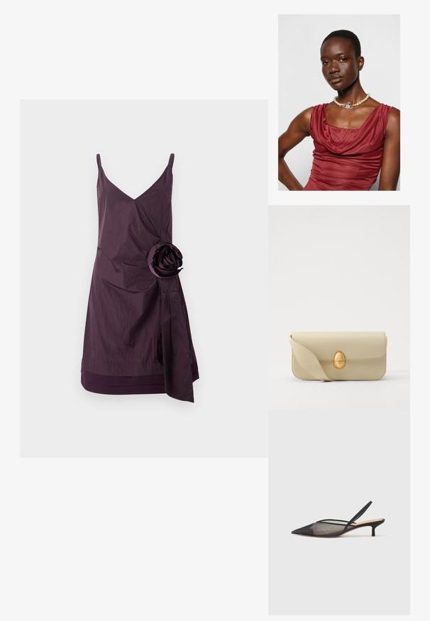Fialové bezramínkové šaty s výstřihem do V, s krabatým texturou a velkým látkovým růžovým akcentem na levé straně. Zakrývající designový prvek v oblasti pasu.; NEOUS IRENA - Klasické lodičky - black; Krémová kožená kabelka s hladkým povrchem, obdélníkovým tvarem a zlatým oválným uzávěrem. Disponuje dlouhým, nastavitelným popruhem.; Šaty s kapucí v temně červené barvě s hladkým povrchem. Obsahují perlový náhrdelník s dekorativním stříbrným akcentem uprostřed.